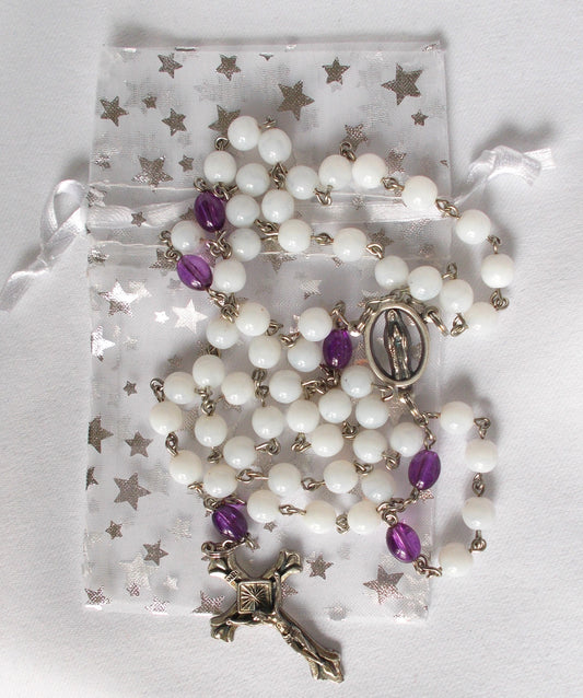 Rosary - Chain with White & Purple Glass Beads