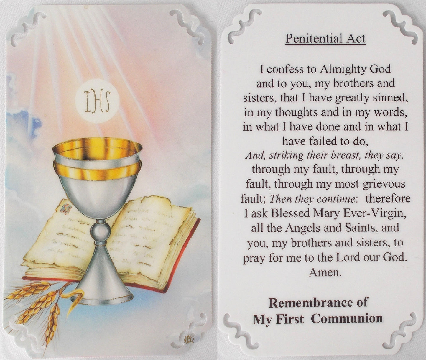 Laminated - First Communion Remembrance Prayercard - Penitential Act