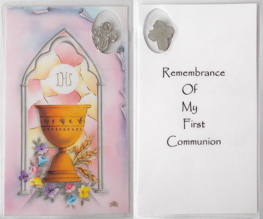 Laminated with Medal - First Communion Remembrance -4 Way Cross