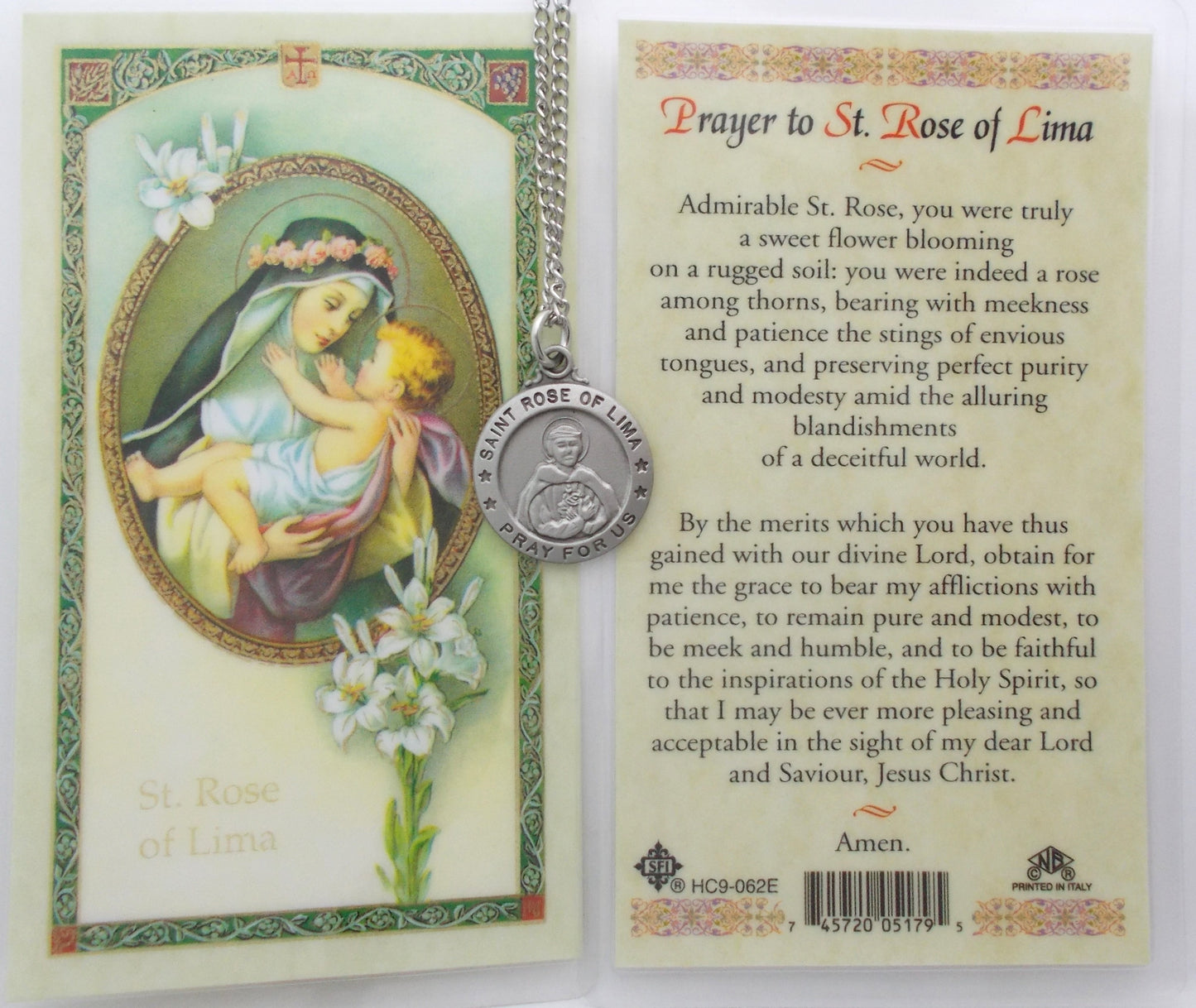 Pewter Medal with Chain & Prayercard - St. Rose of Lima