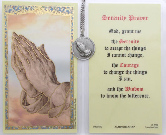 Pewter Medal with Chain & Prayercard - Serenity Prayer & Praying Hands