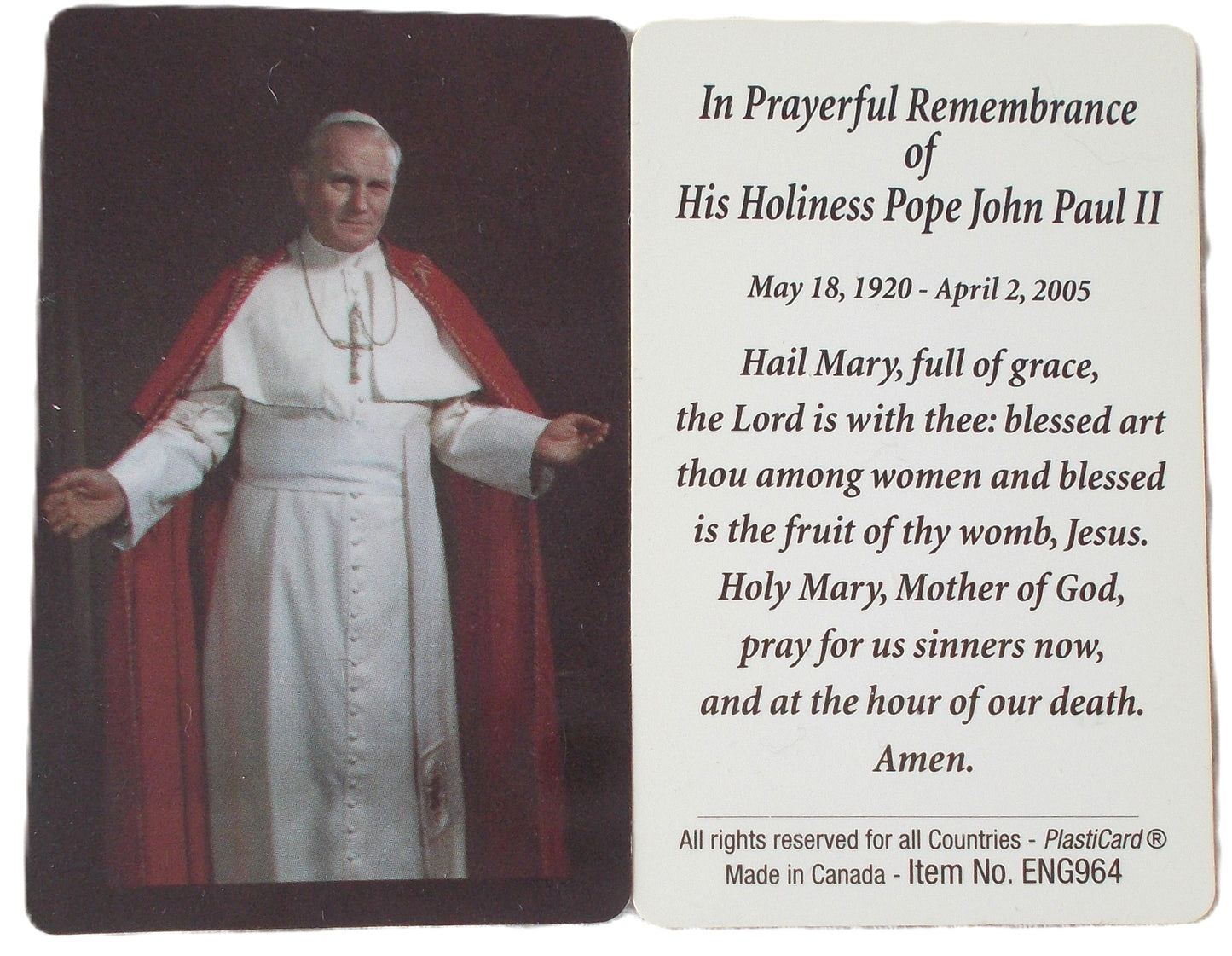 Pope John Paul II - In Prayerful Remembrance  - Hail Mary - Plastic Prayercard