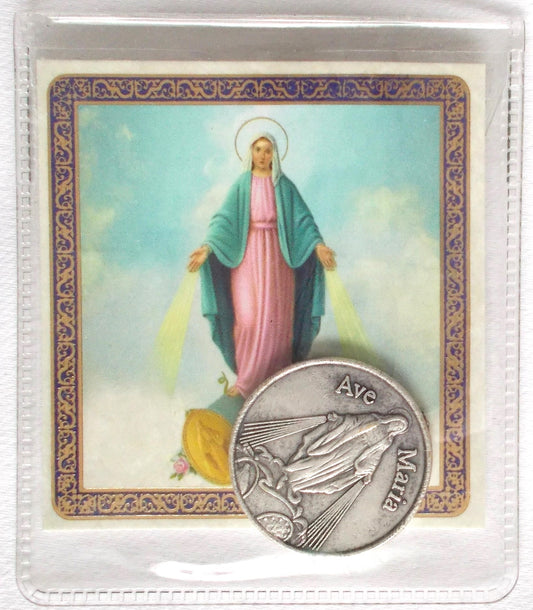 Pocket Token - Our Lady of the Miraculous Medal - with Paper Prayercard in Vinyl Pouch