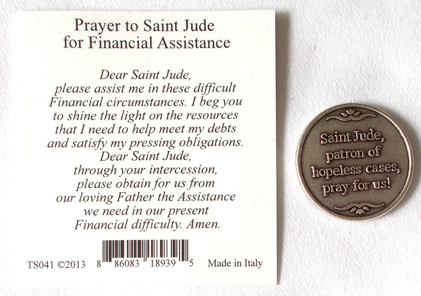 Pocket Token - St. Jude - Financial Assistance - with Paper Prayercard in Vinyl Pouch