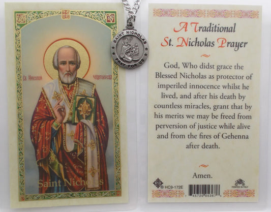 Pewter Medal with Chain & Prayercard - St. Nicholas - Traditional Prayer
