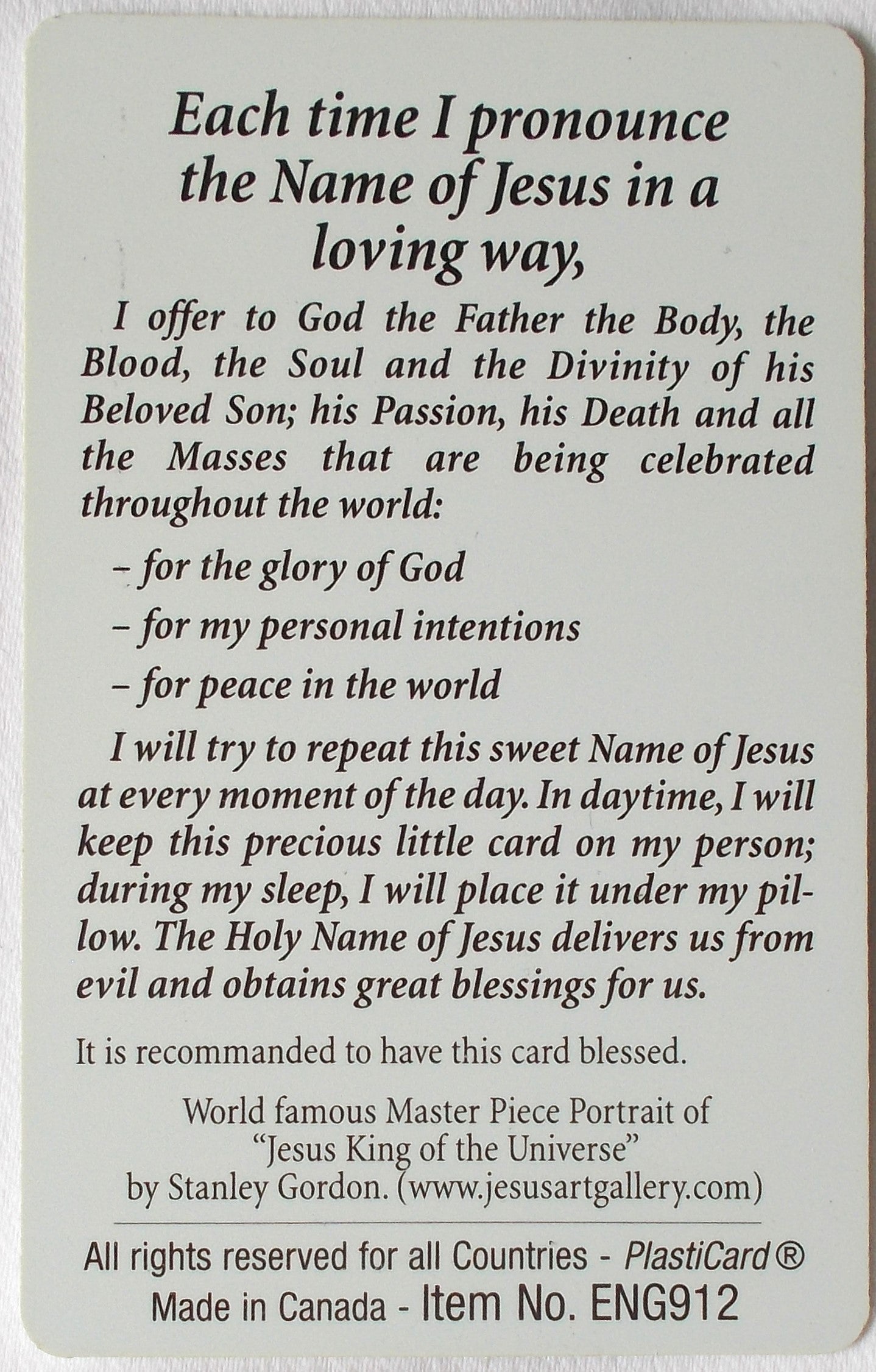 Plastic - Name of Jesus Prayercard