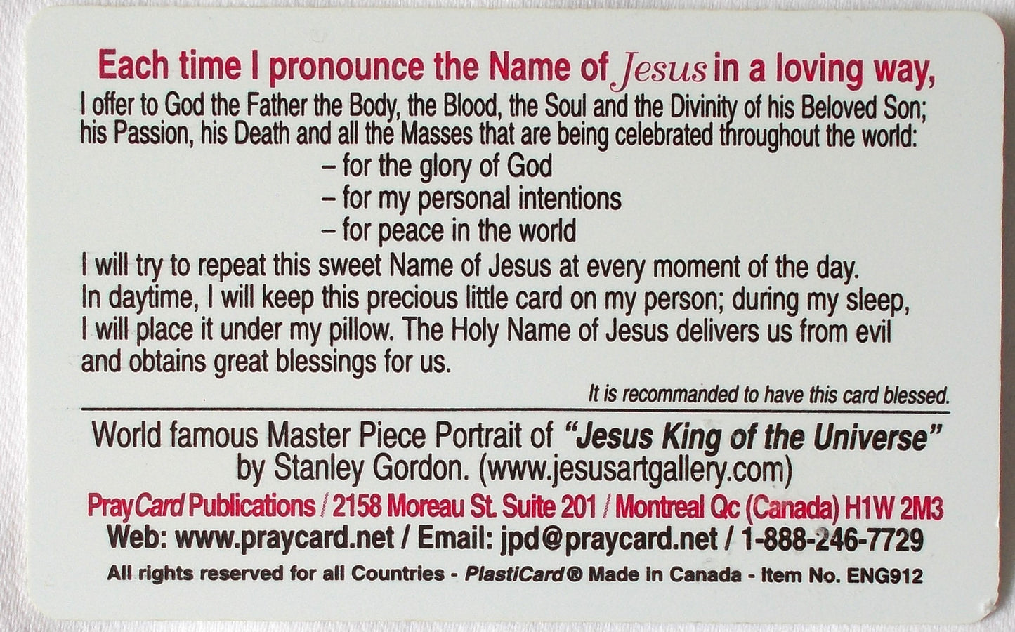 Plastic - Name of Jesus Prayercard