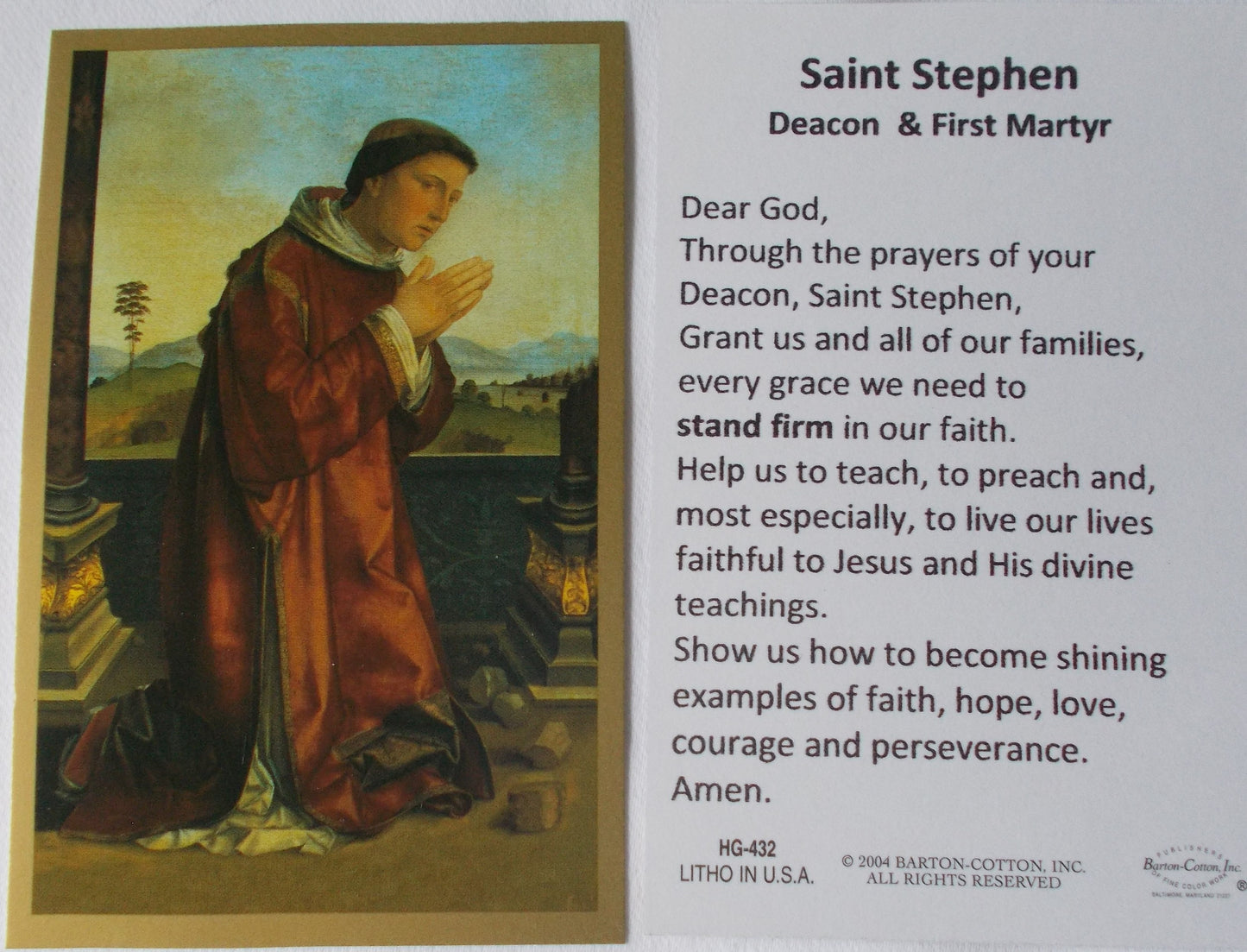 St. Stephen Cardstock Prayercard with Stand Firm Metal Bookmark