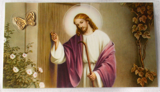 Laminated with Butterfly Medal - Jesus Knocking - For Those Who Live Alone