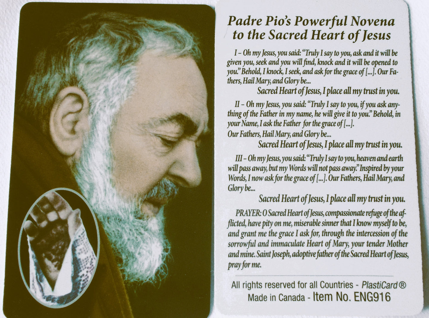 Plastic - Padre Pio's Novena to Sacred Heart of Jesus Prayercard