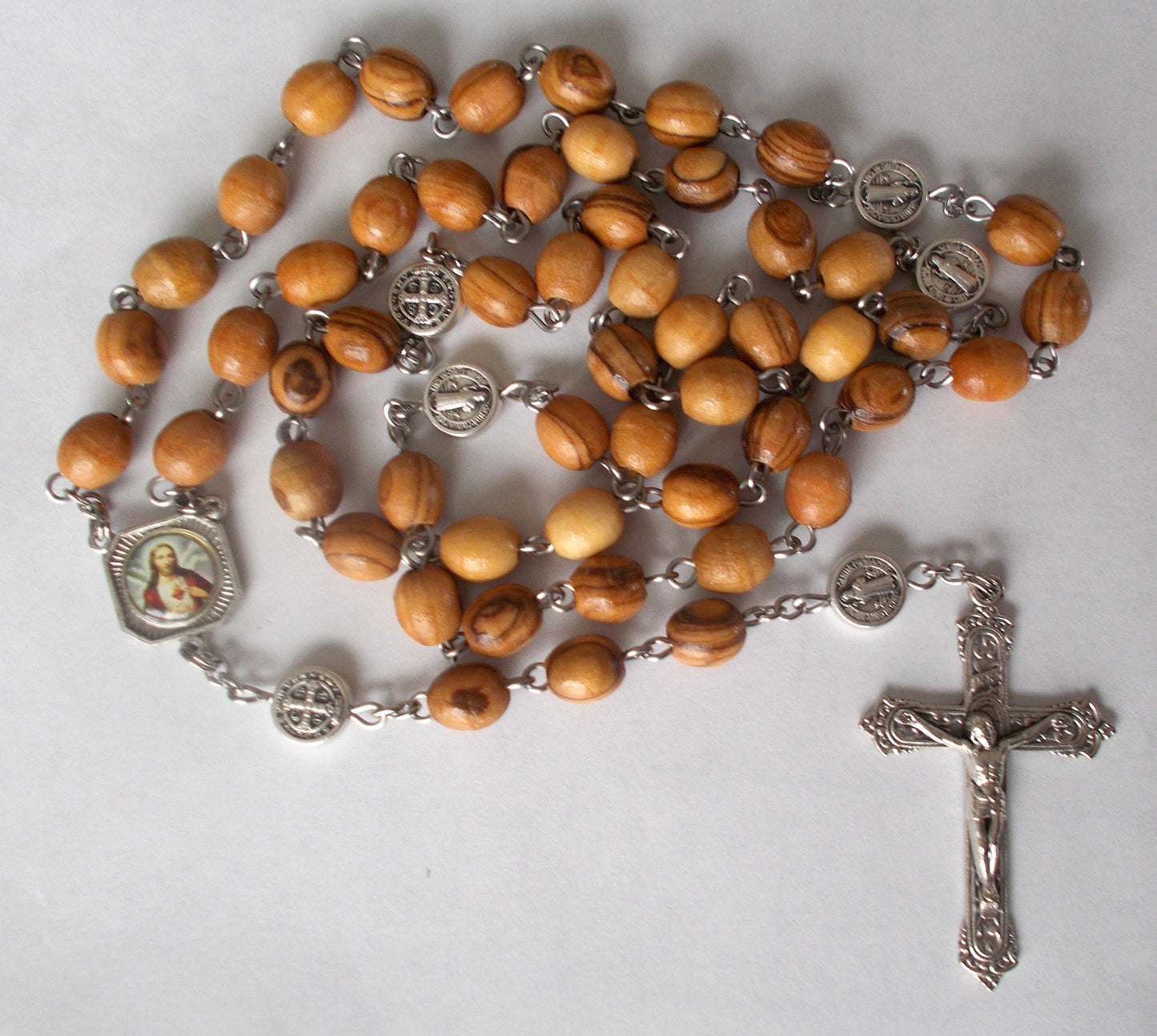 Olive Wood Beads Rosary - Large Oval Beads -St. Benedict