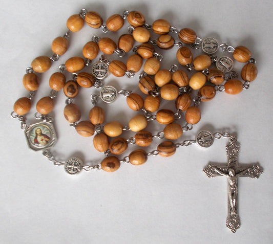Olive Wood Beads Rosary - Large Oval Beads -St. Benedict