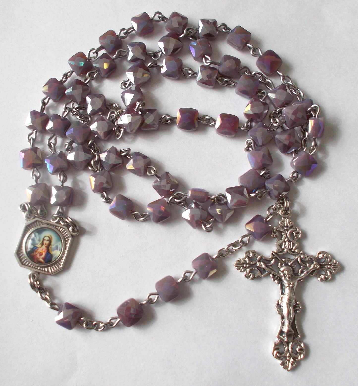 Purple Crystal Flat Square Bead Rosary