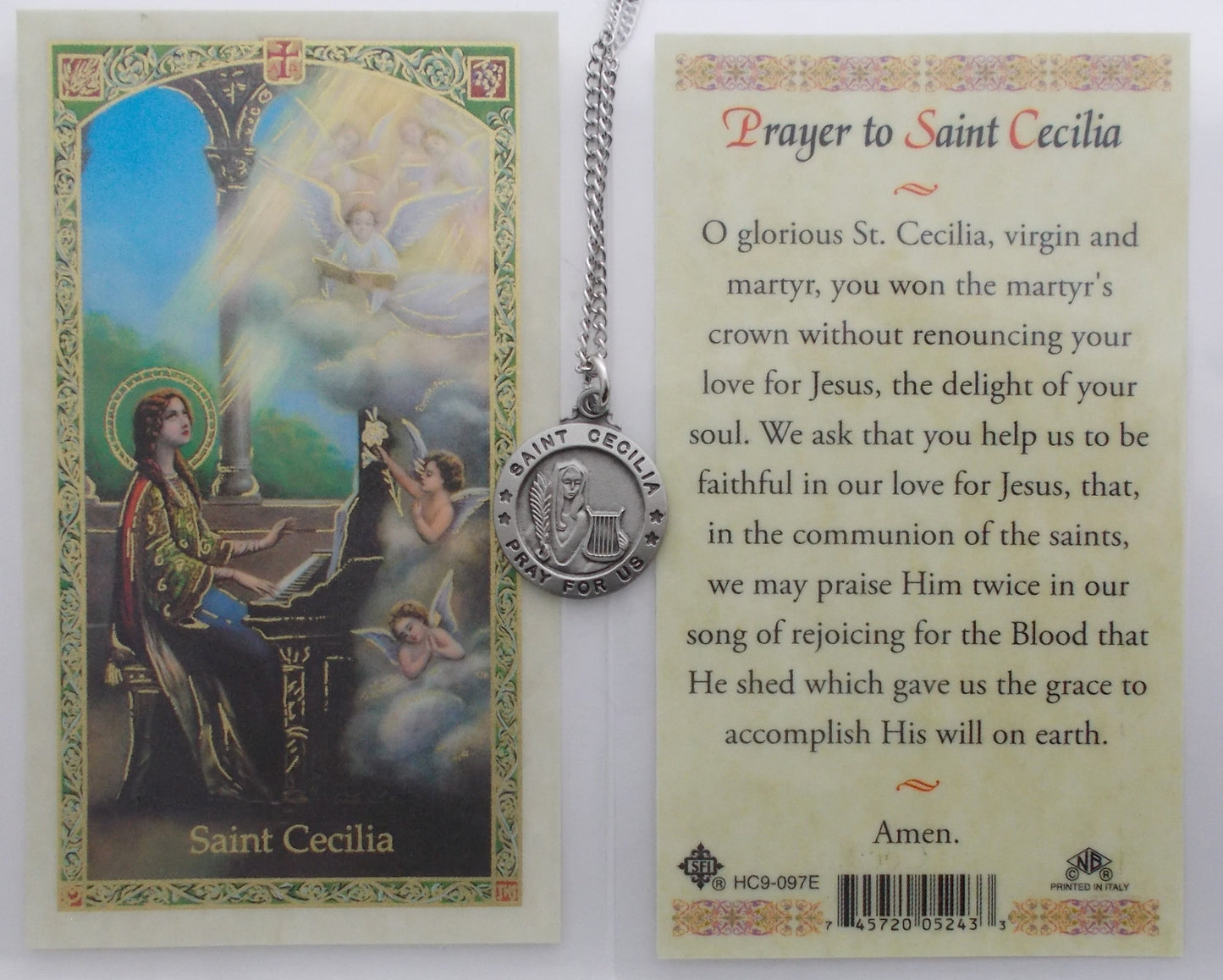 Pewter Medal with Chain & Prayercard - St. Cecilia