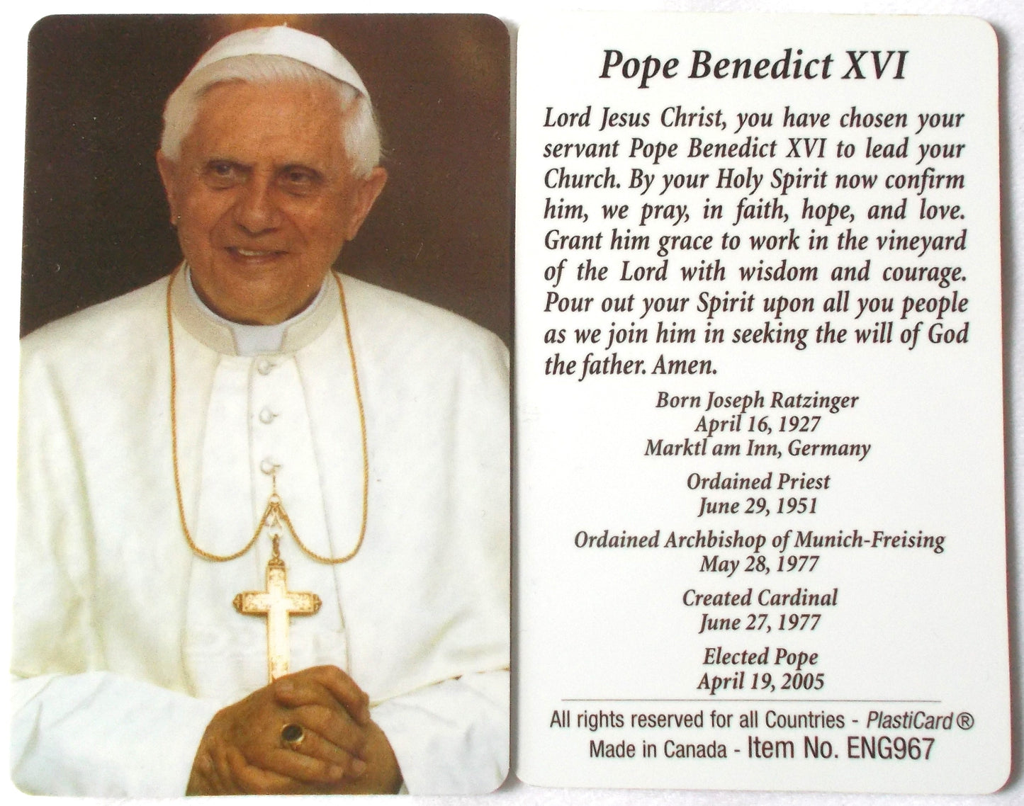 Plastic - Pope Benedict XVI Prayercard