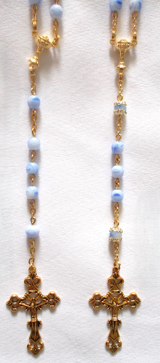 Chalice Rosary - Blue & White Quartz Glass