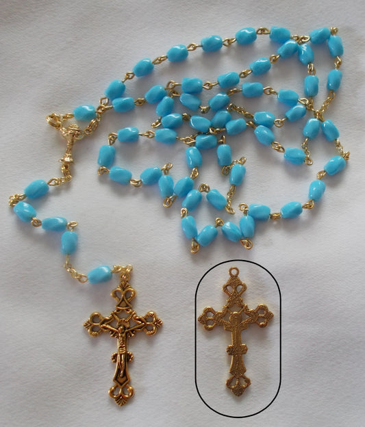 Blue Glass Rosary with Chalice Centerpiece