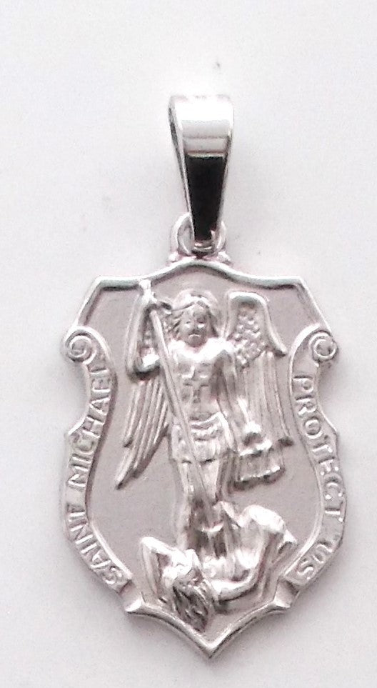 St. Michael - Med Rhodium Plated Police Badge Sterling Silver