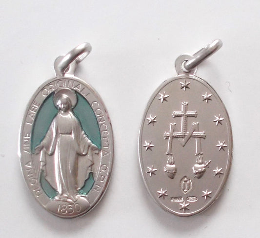 Miraculous Medal - Lg Oval Sterling Silver Medal with Blue Enamel