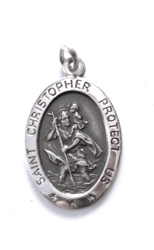 St. Christopher - Lg Shiny Oval Sterling Silver Medal