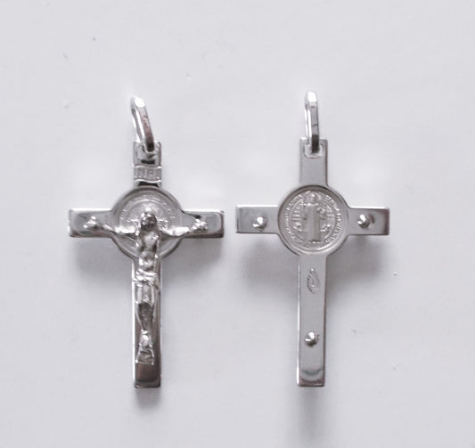 Crucifix - Med Rhodium Plated St Benedict Sterling Silver
