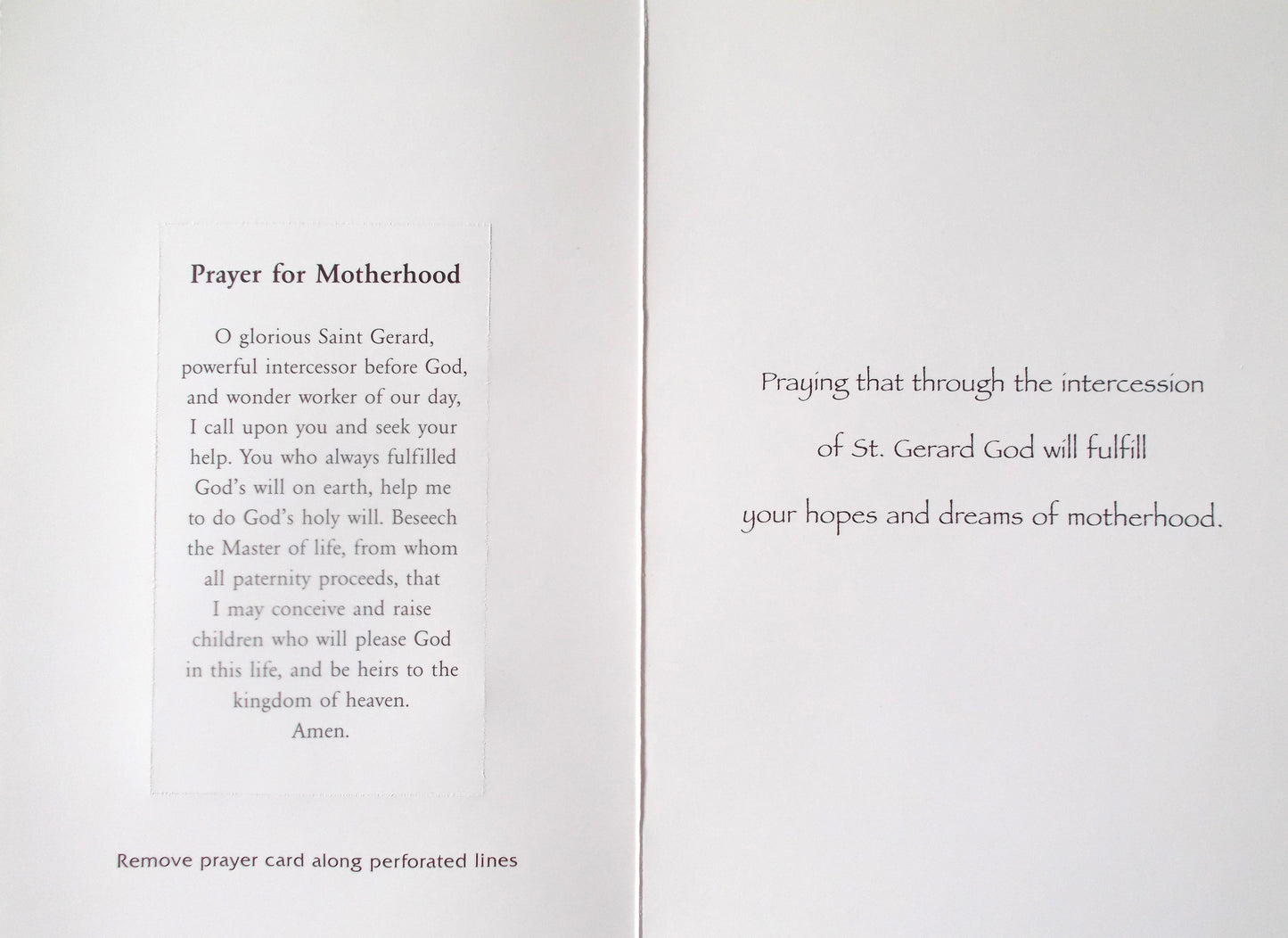 Prayer for Motherhood Greeting Card - with St. Gerard Removable Prayercard