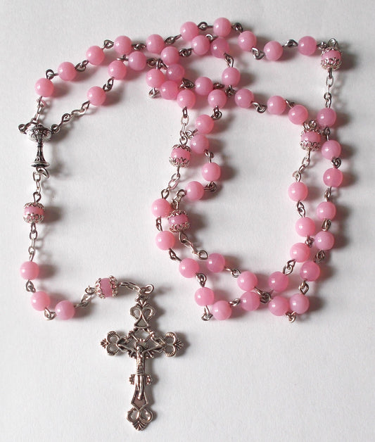 1st Communion Rosary - Pink Glass Beads