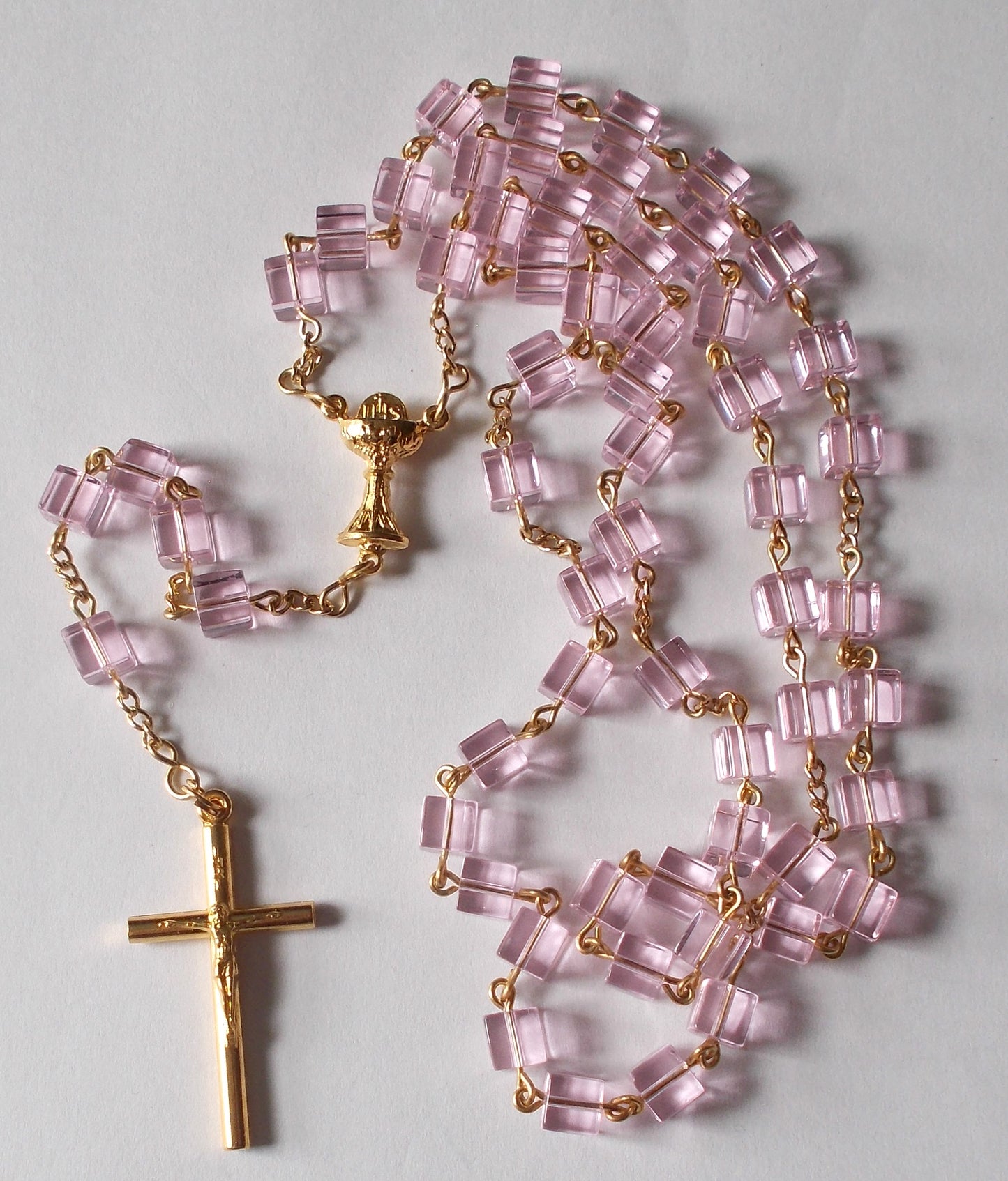 1st Communion Rosary - Square Pink Glass Beads