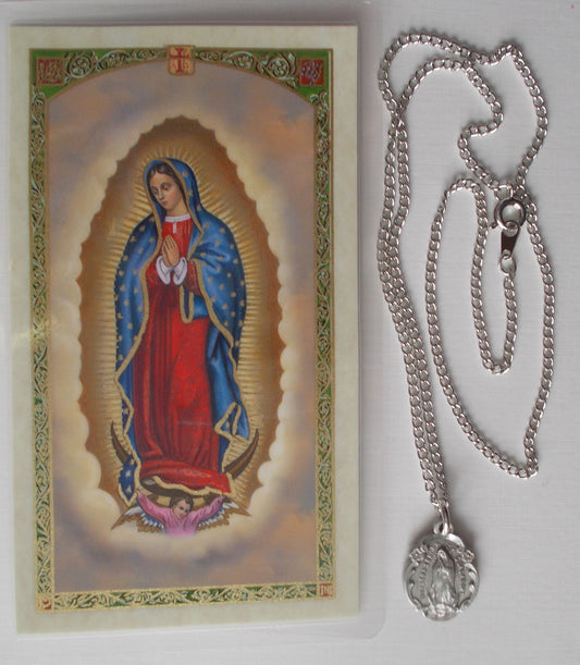 Pewter medal with chain & prayercard -Our Lady of Guadalupe (Magnificat)