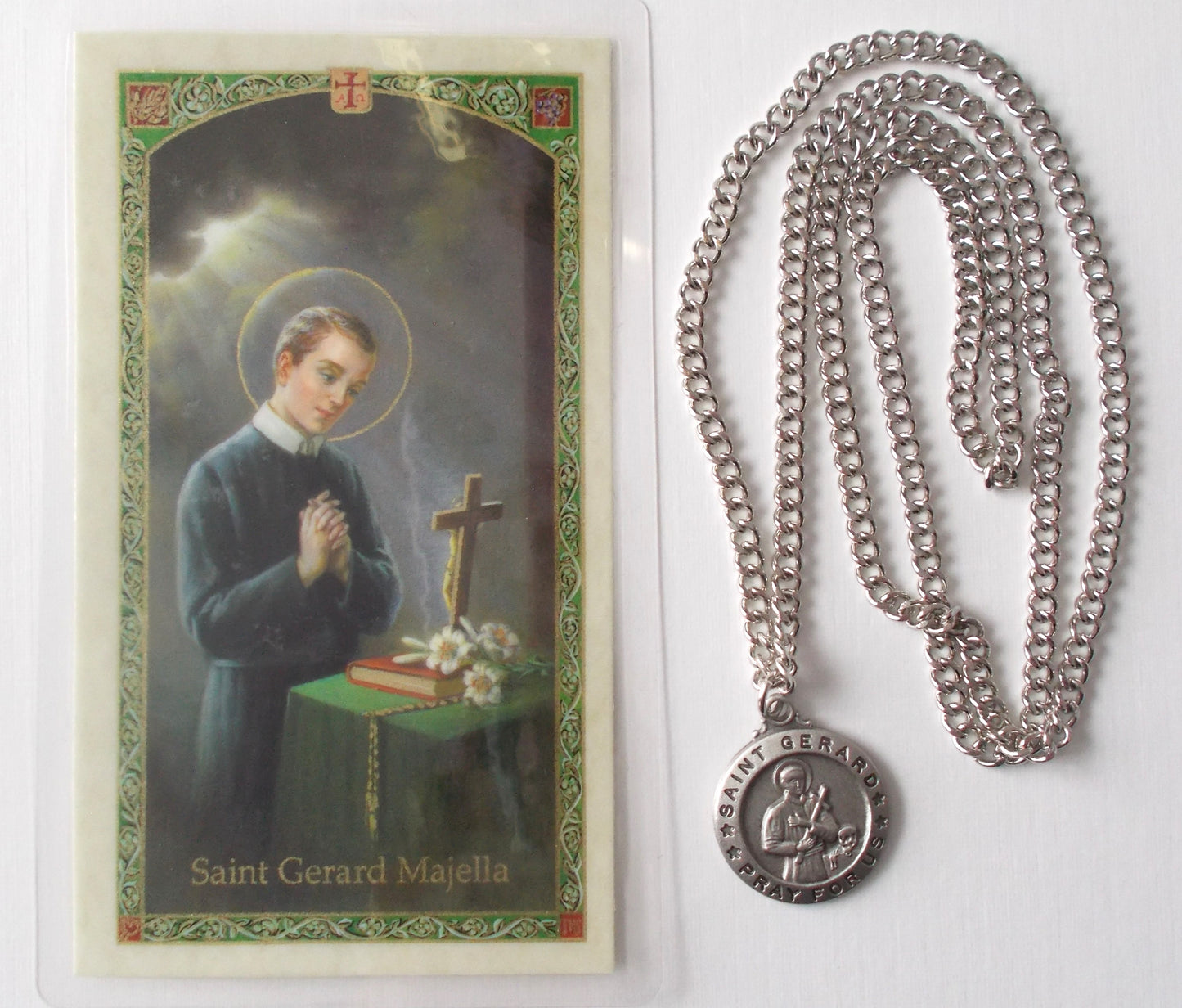 Pewter Medal with Chain & Prayer Card- St. Gerard Majella ( Safe Delivery)