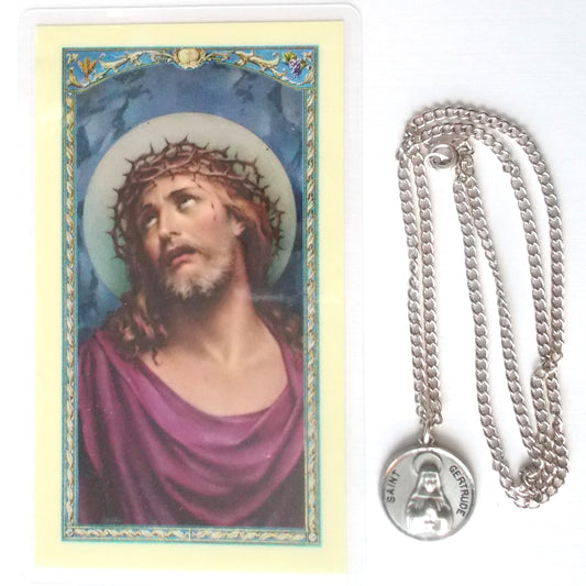 Pewter Medal with Chain & Prayercard - St. Gertrude