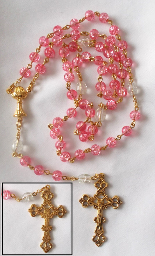 Pink & White Rosary with Chalice Center