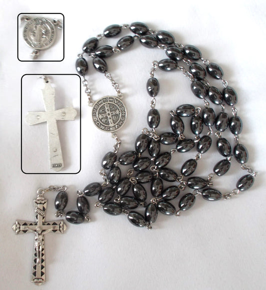 Large Hematite Rosary with St. Benedict Center