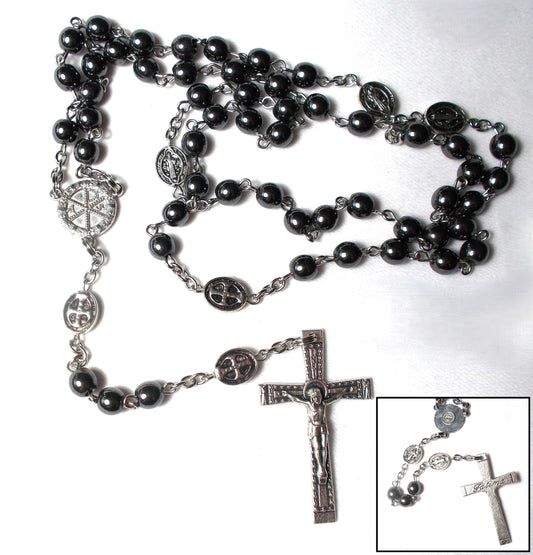 Hematite Rosary with St. Benedict Our Father Beads