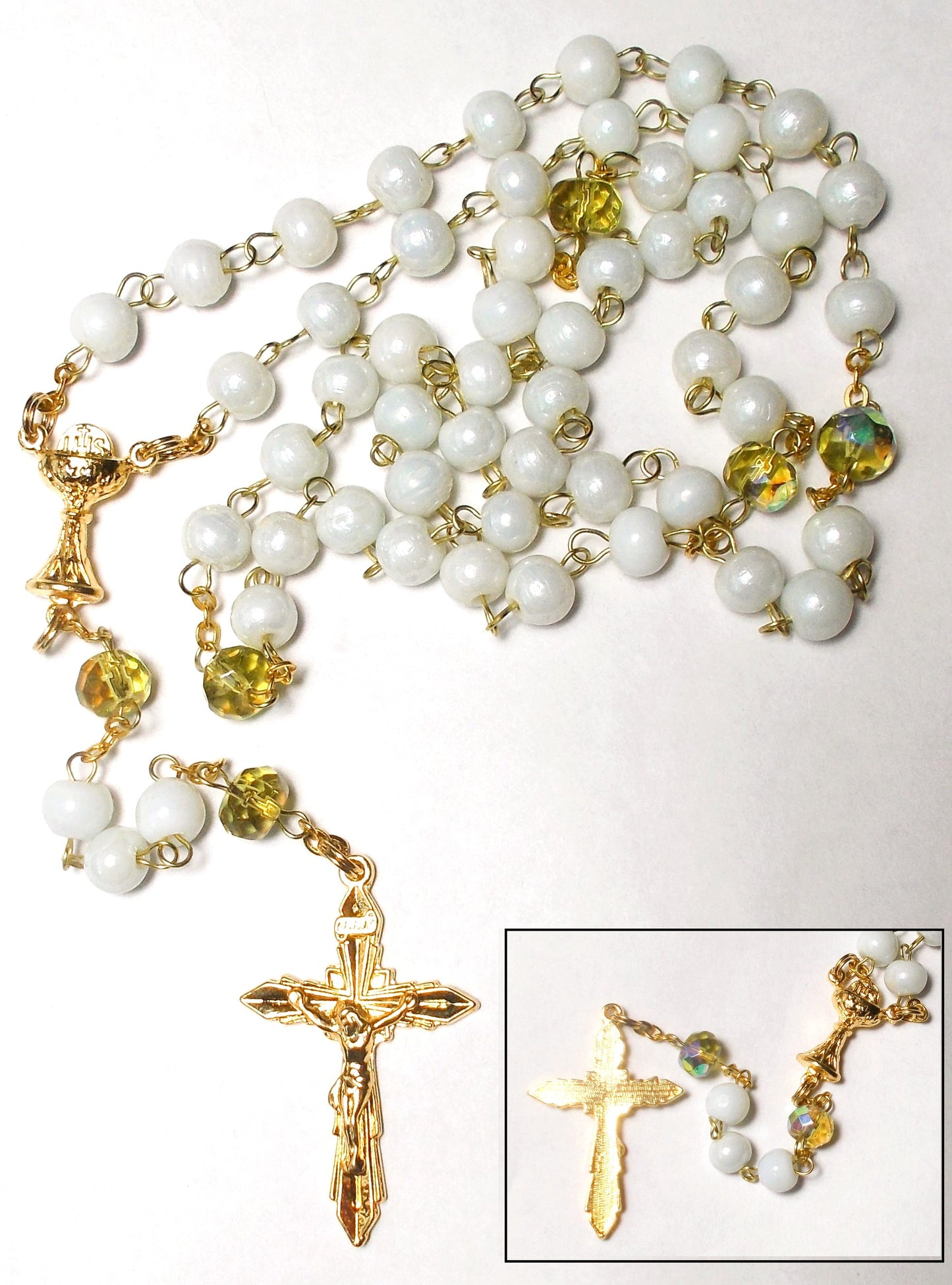 Iridescent White & Green Chalice Chain Rosary