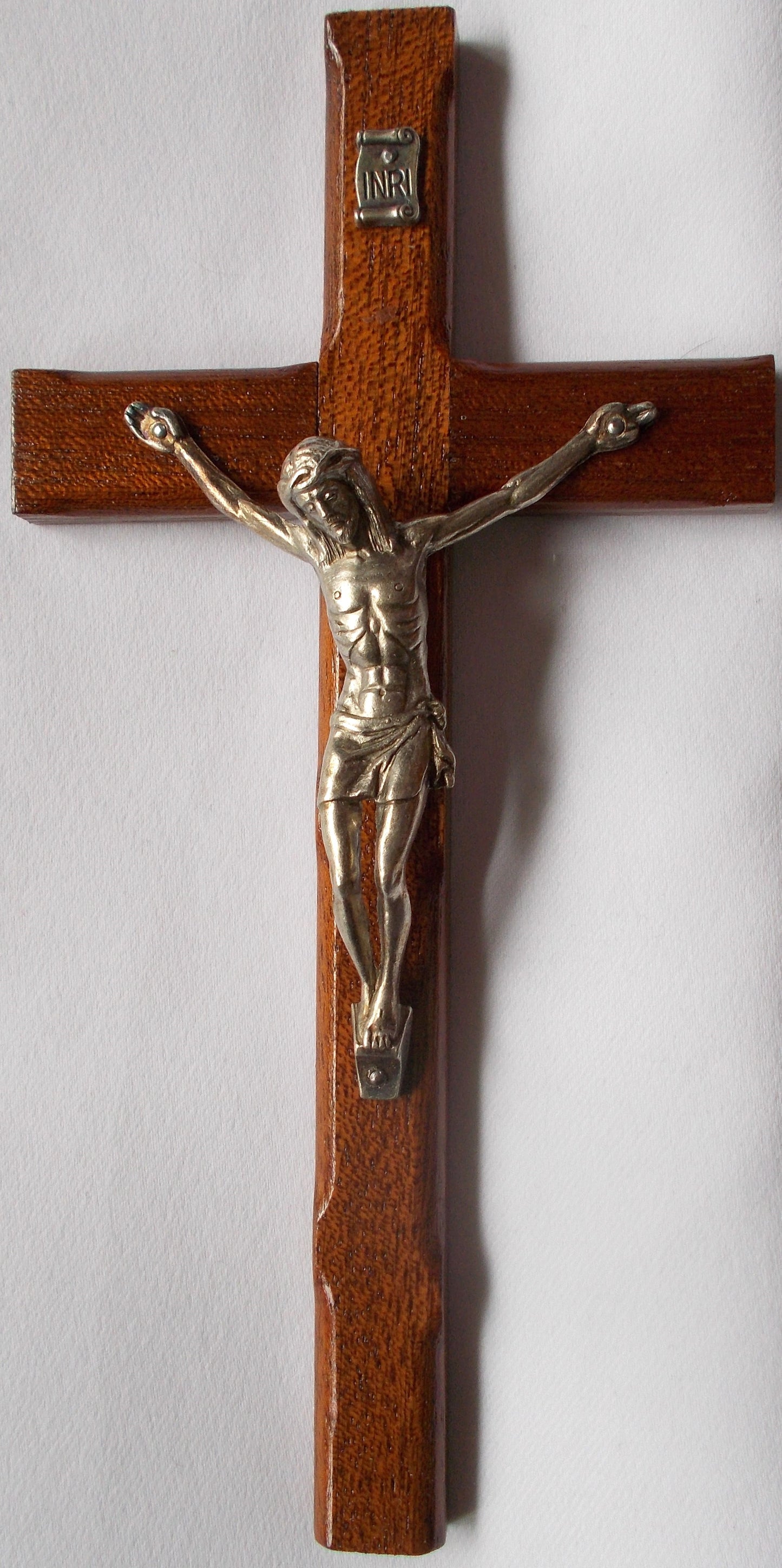 7"  Mahogany Carved Crucifix With Pewter Corpus