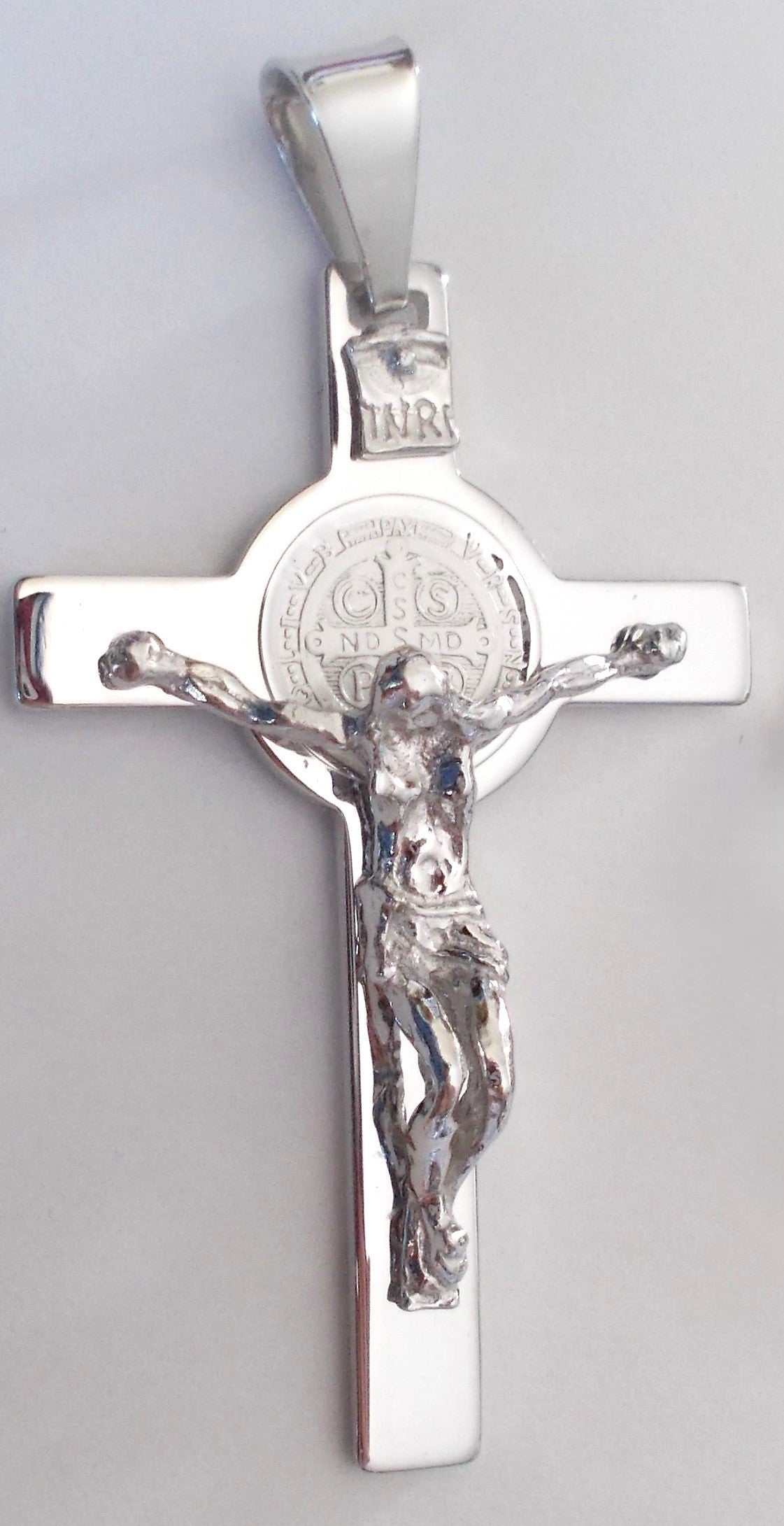 Crucifix - Large Rhodium Plated St. Benedict Sterling Silver