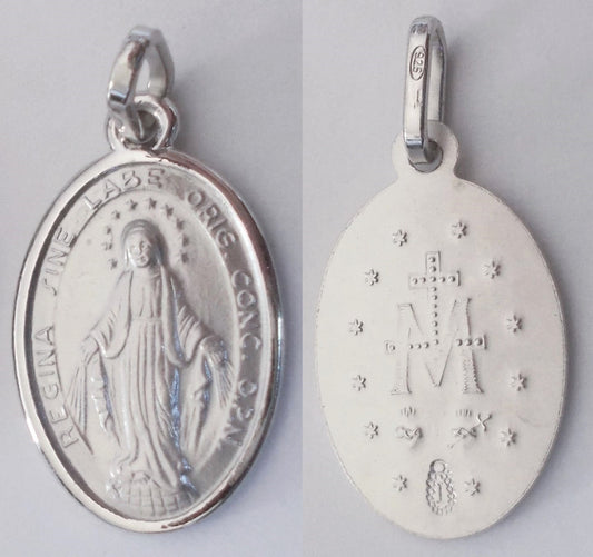 Miraculous Medal - Rhodium Plated Medium Oval Sterling Silver