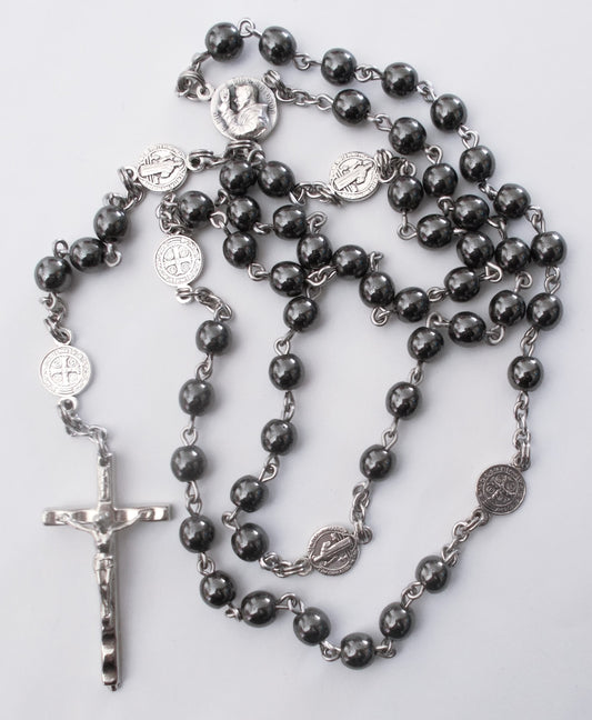 Hematite Bead Rosary with St. Benedict Medals