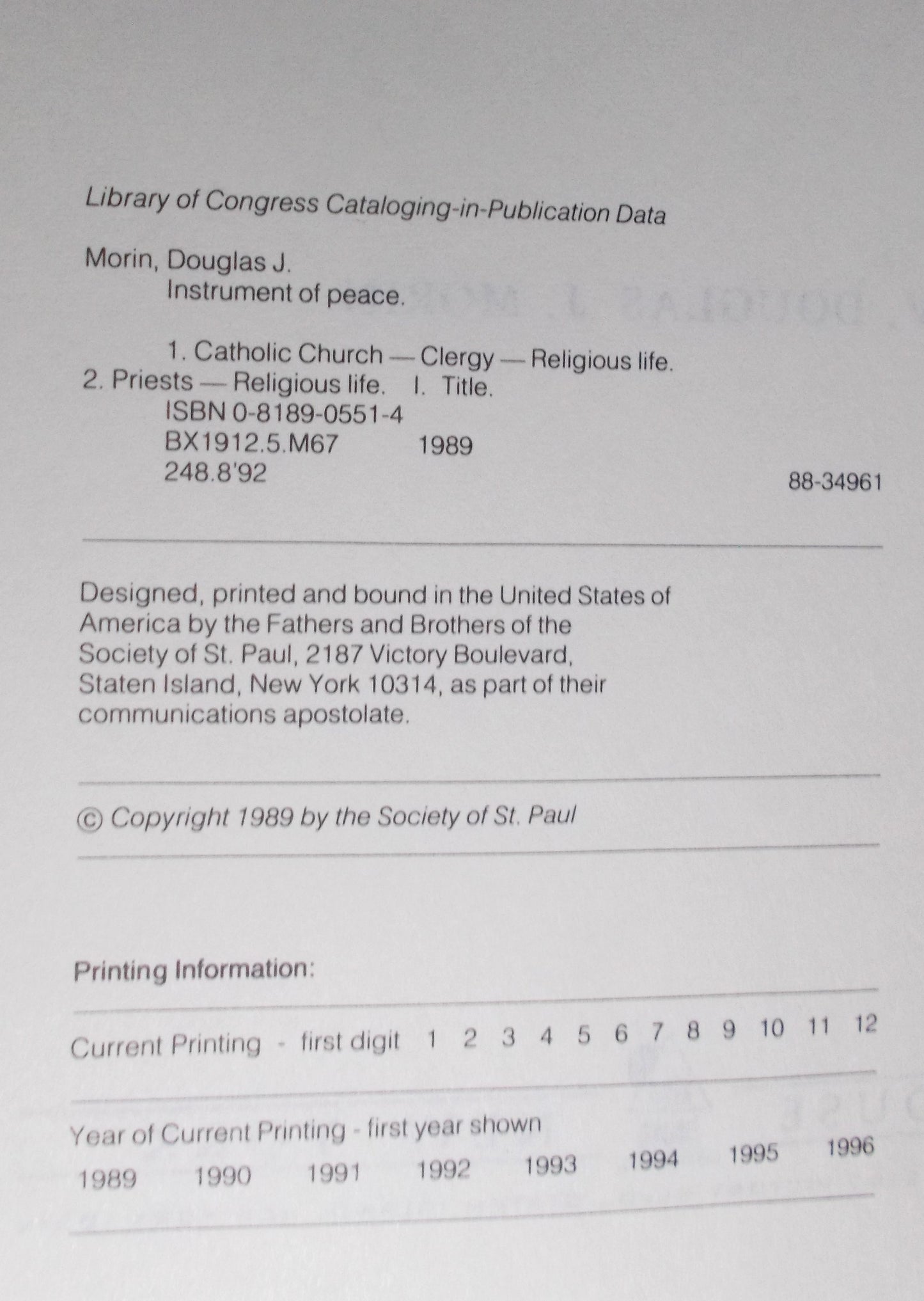 USED - Instrument of Peace : Personal and Spiritual Goal of the Priest