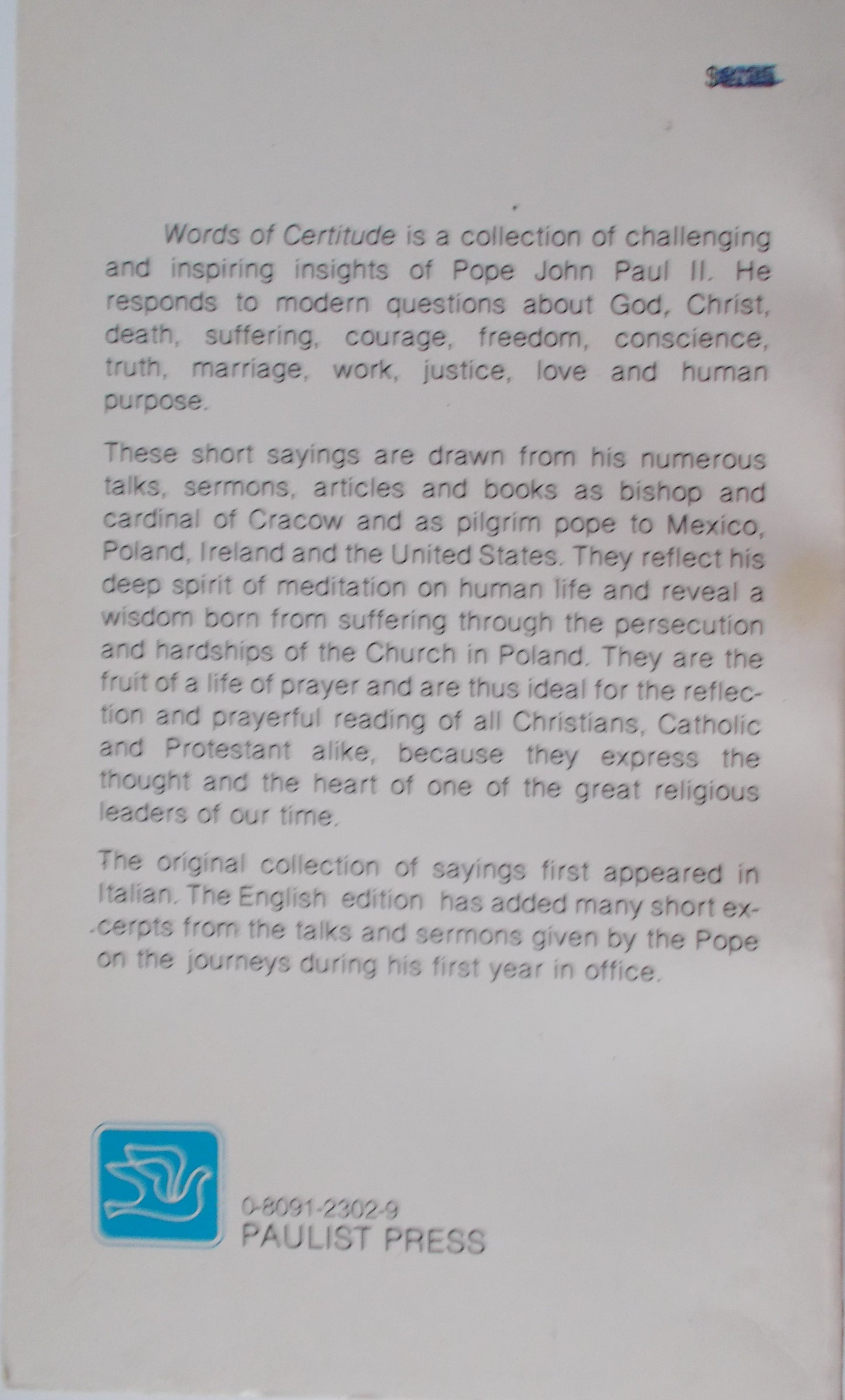 Used -John Paul II - Words of Certitude : Excerpts From His Talks & Writings