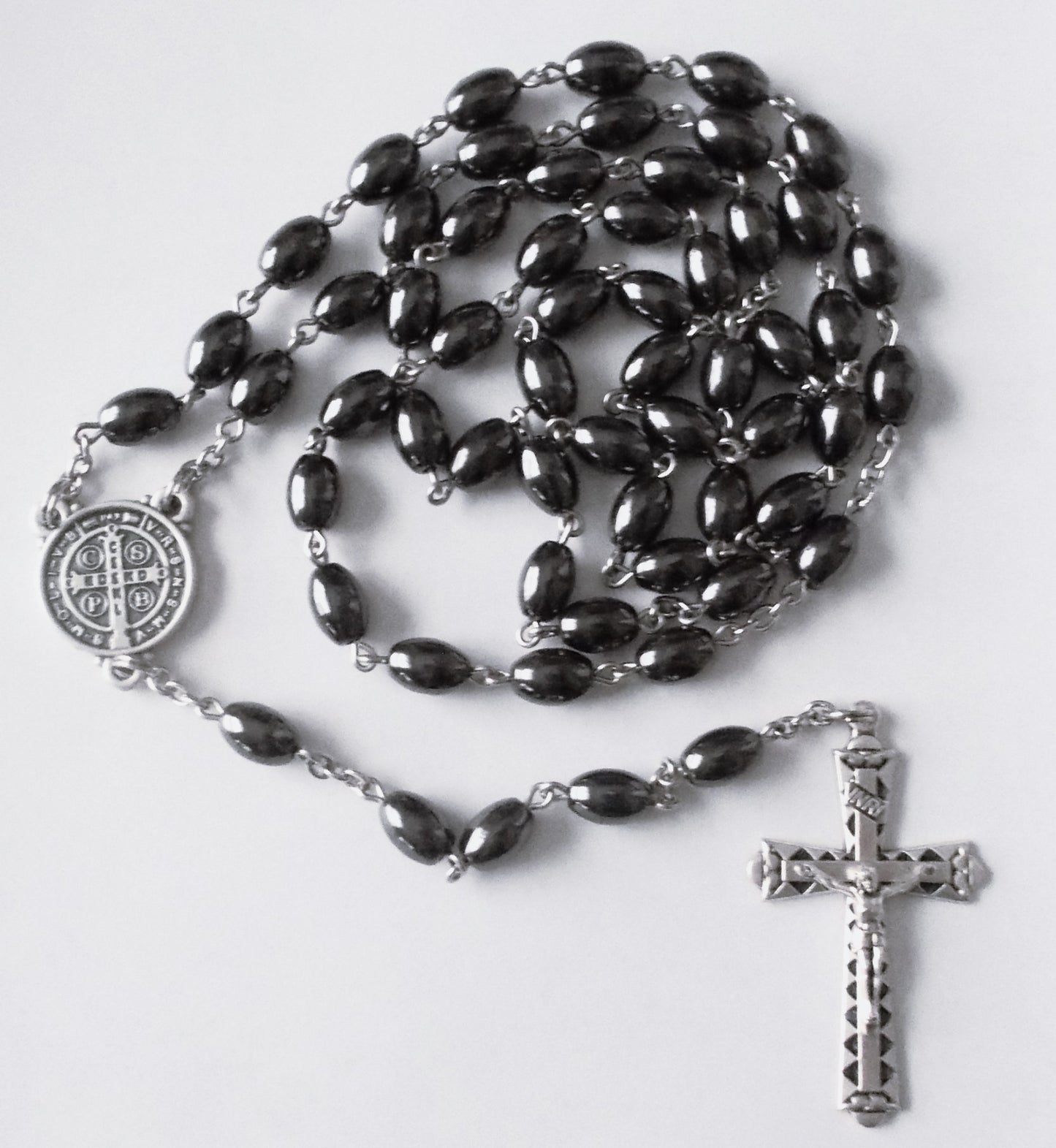 Large Hematite Rosary with St. Benedict Center
