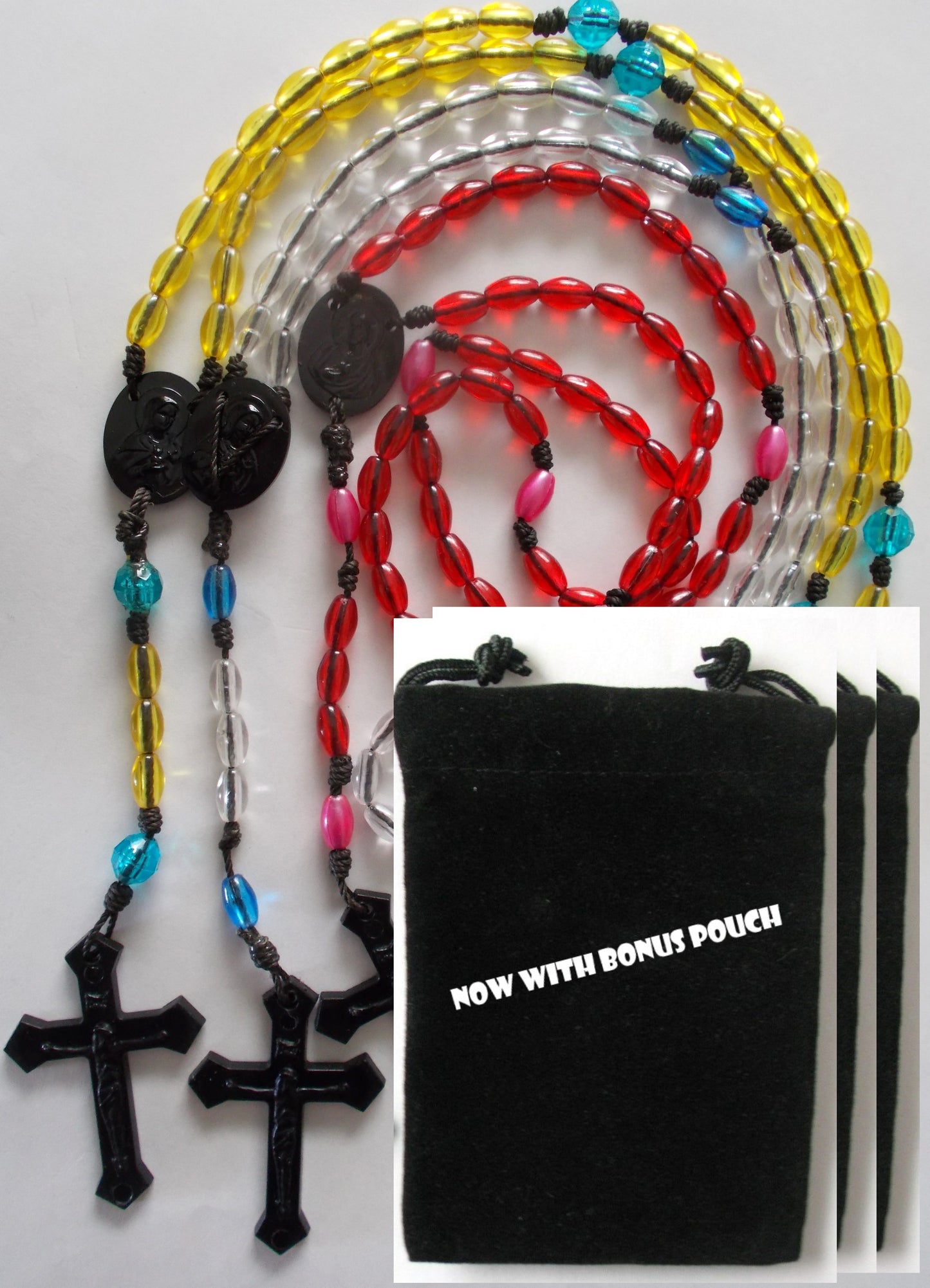 Bulk Package of 3 Cord Rosaries with Bonus Pouches