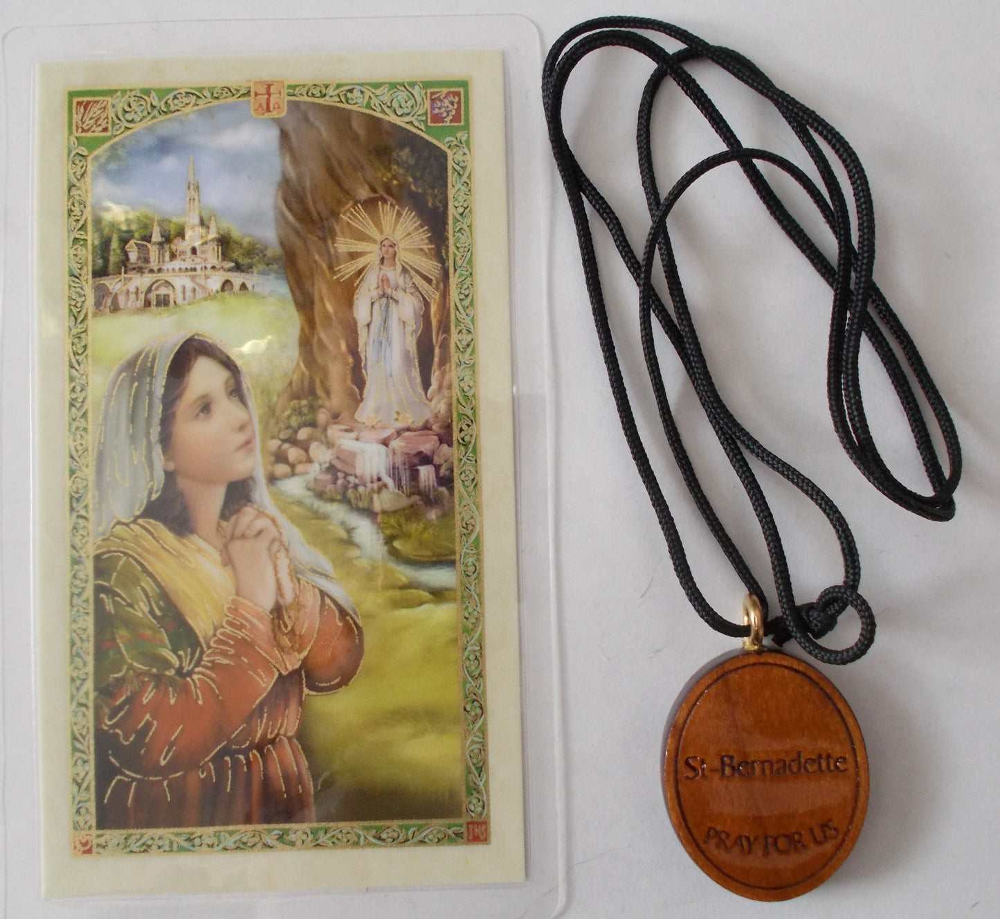 St. Bernadette Wood Pendant & Prayercard