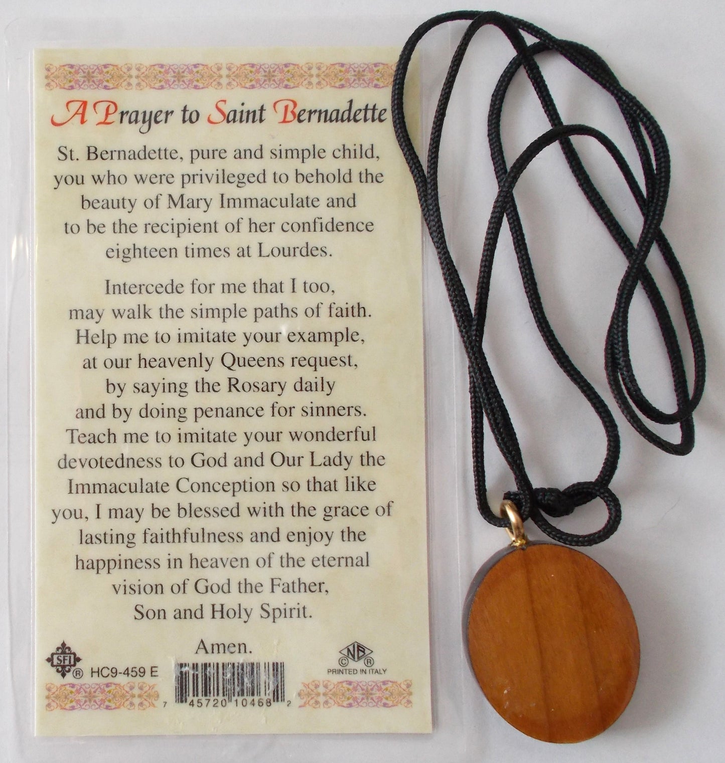 St. Bernadette Wood Pendant & Prayercard