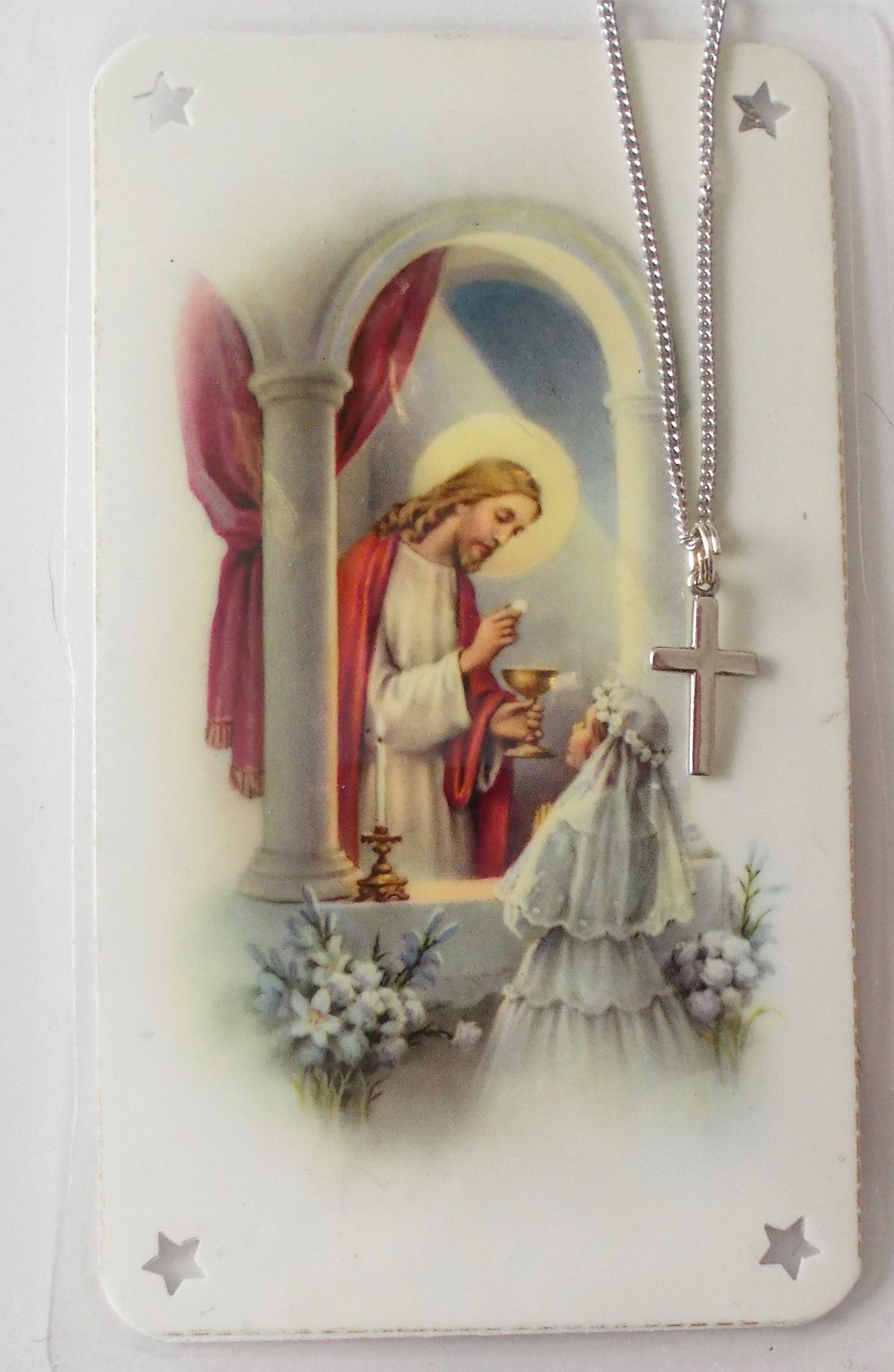 Girl 1st Communion Prayercard & Silver Cross Pendant