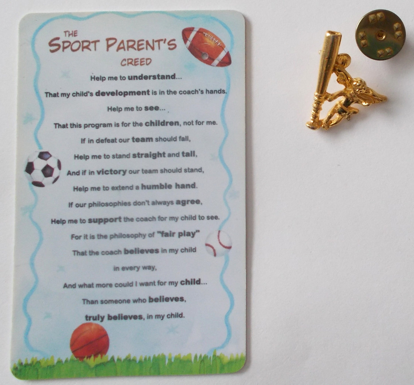 Sport Parent's Creed & Angel Lapel Pin