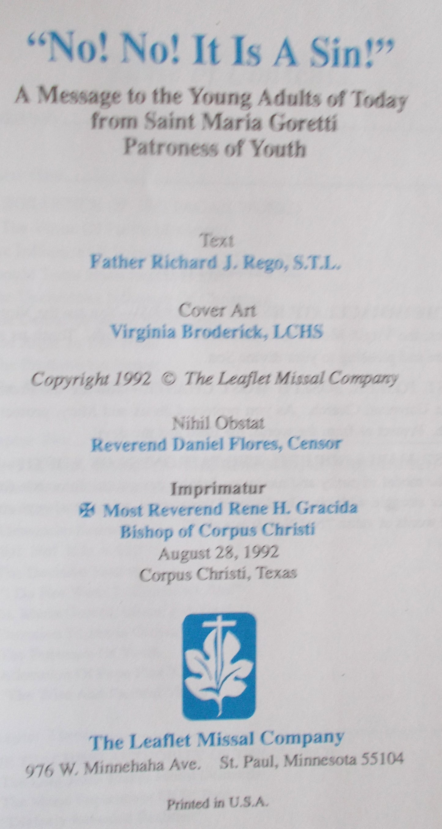 "No! No! It Is a Sin!": A Message to the Young Adults of Today from Saint Maria Goretti Patroness of Youth