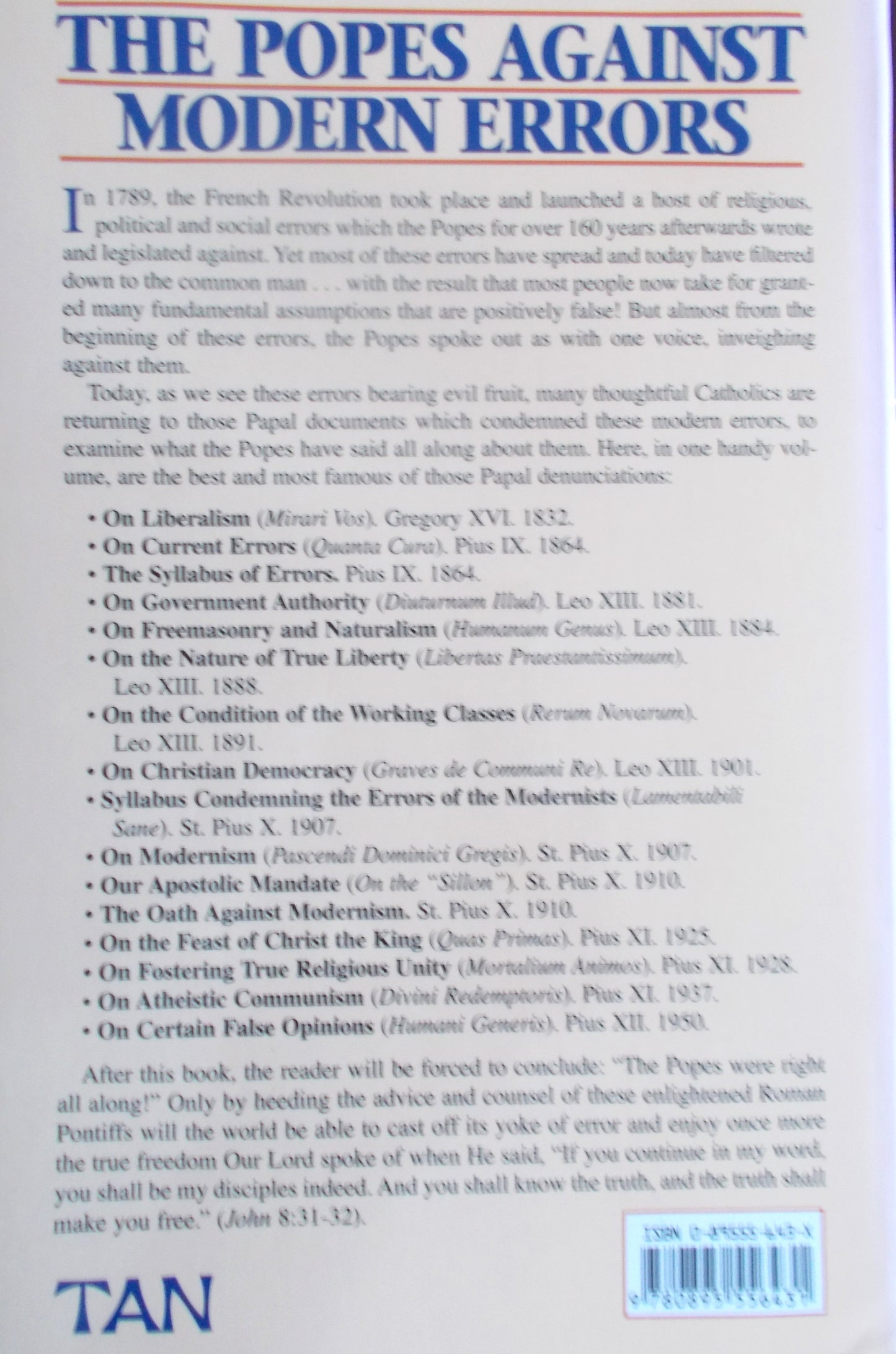 Used - The Popes Against Modern Errors : 16 Papal Documents