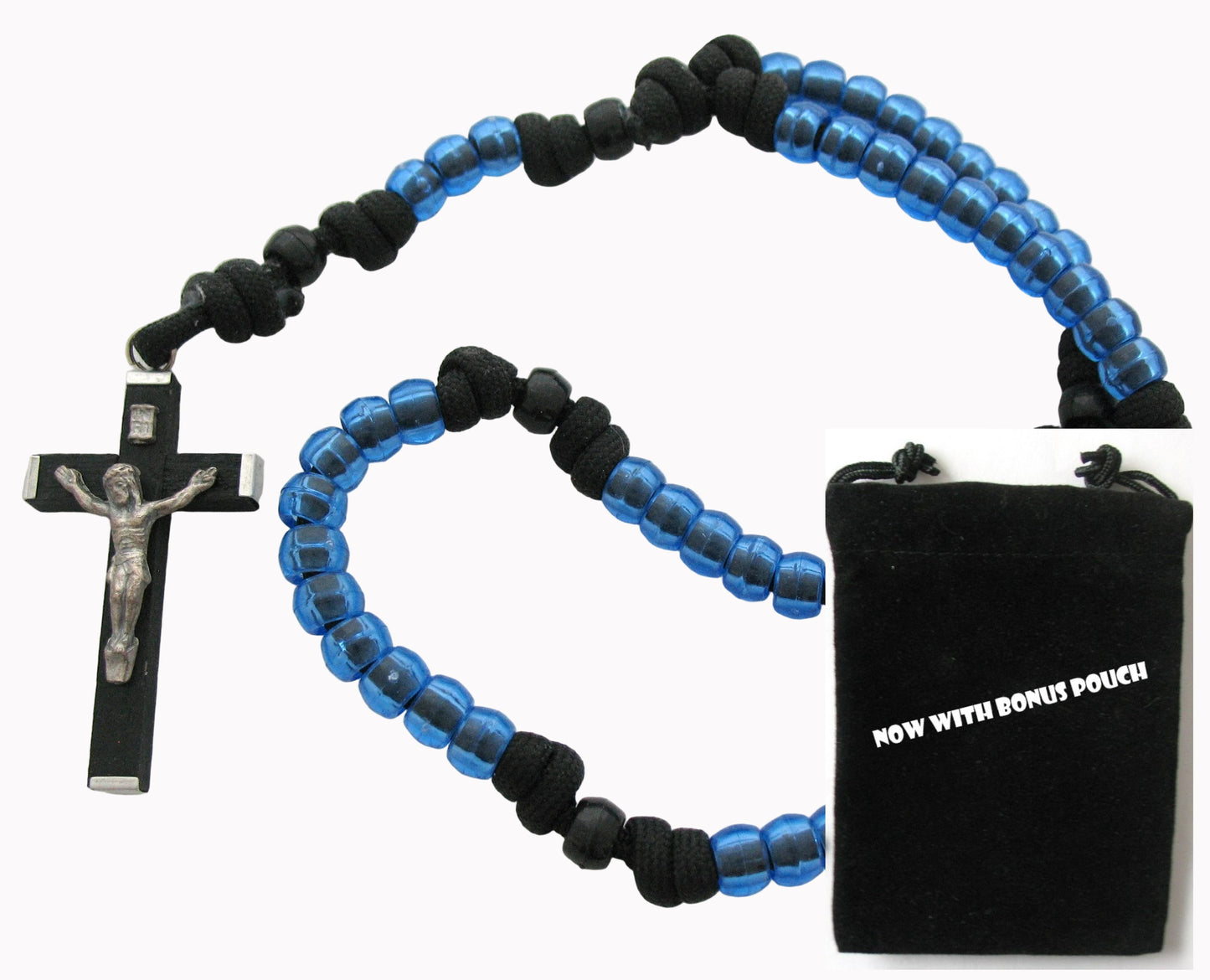 Paracord Rosary with Black Wood / Metal Crucifix & Bonus Pouch- Buy 10+ for Discount